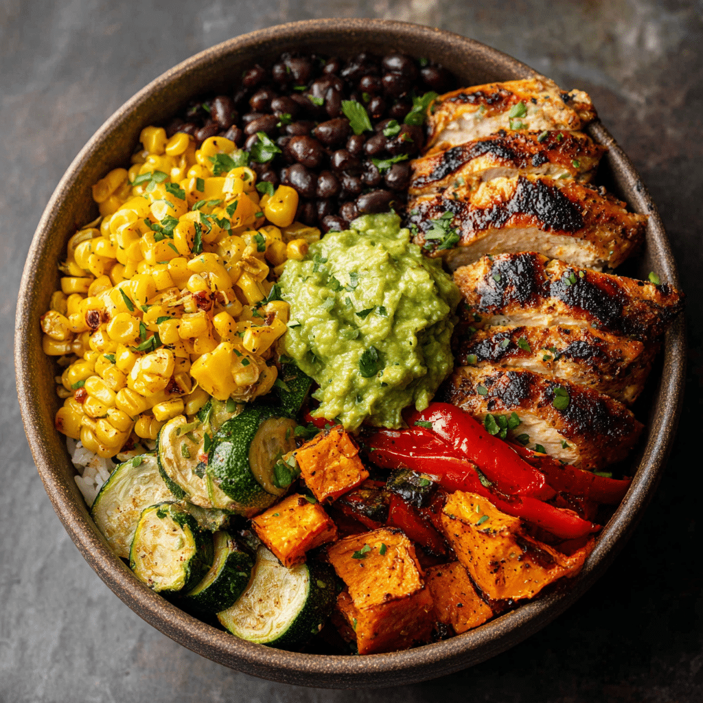 Street Corn Chicken Rice Bowl: A Flavor-Packed Bowl for Every Occasion 7 Street Corn Chicken Rice Bowl with black beans, guacamole, roasted bell peppers, zucchini, and sweet potatoes