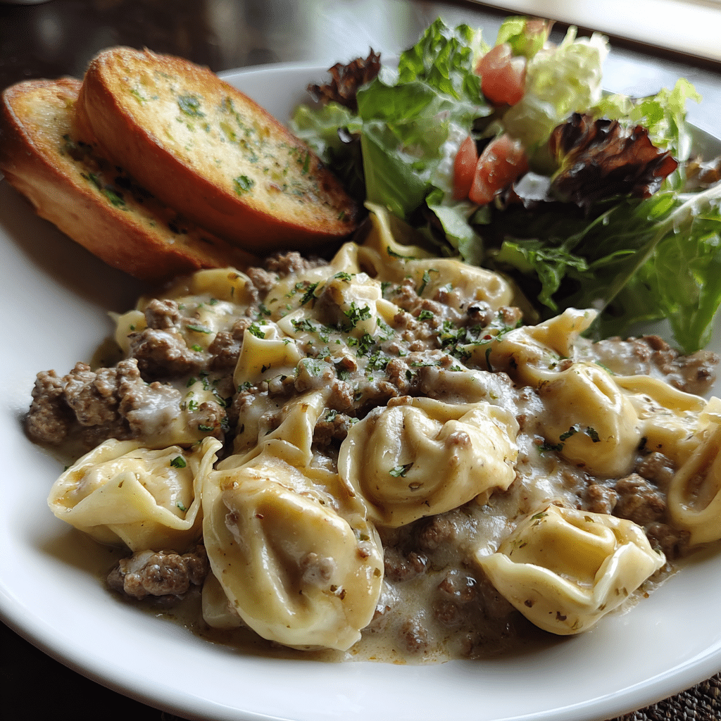 One-Skillet Beef Stroganoff Tortellini: A Creamy, Easy Weeknight Dinner 8 serving one-skillet beef stroganoff tortellini with garlic bread