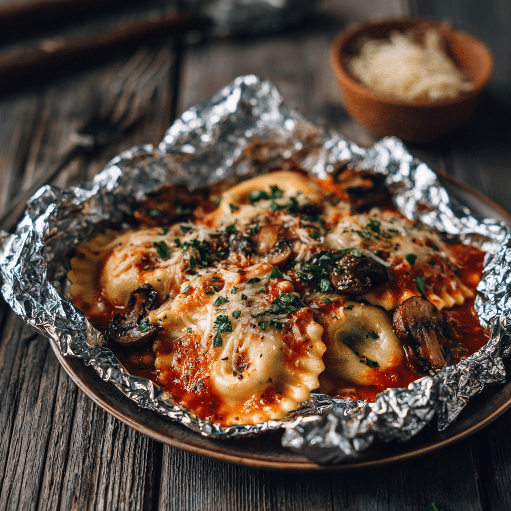 Foil Pack Ravioli – The Best No-Mess Comfort Meal You’ll Crave 7 vegetarian foil pack ravioli with spinach, mushrooms, and vegan cheese