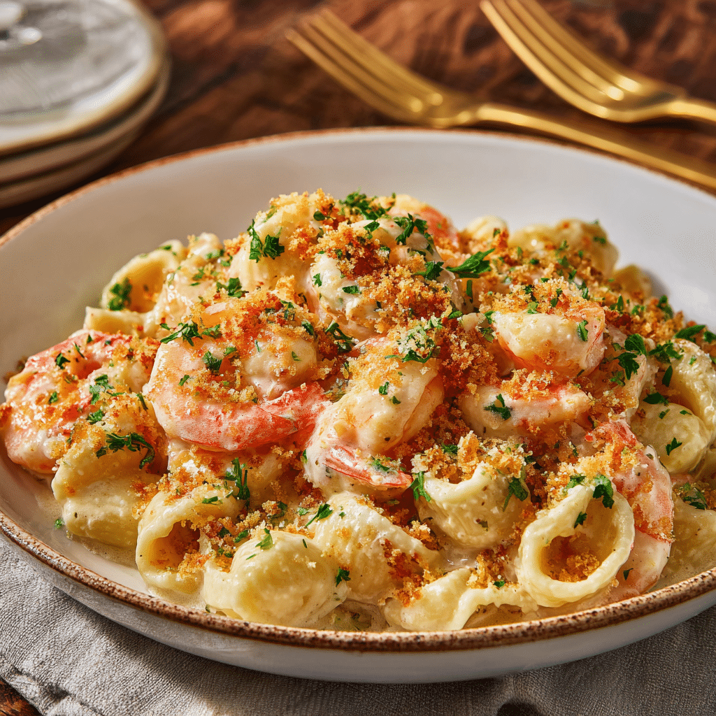 Viral Trader Joe’s Lobster Bisque Pasta 5 Viral Trader Joe’s Lobster Bisque Pasta topped with shrimp, breadcrumbs, and parsley in a ceramic bowl