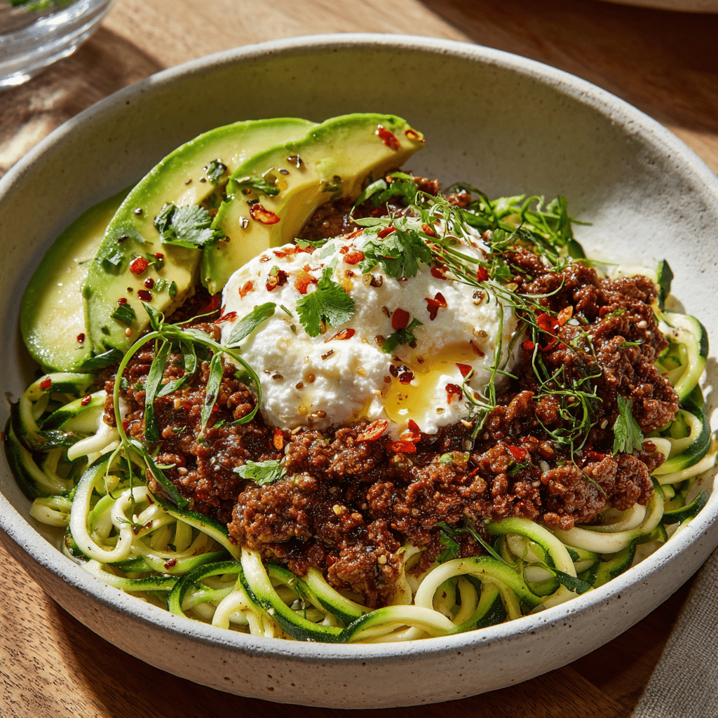 Ground Beef Hot Honey Bowl Recipe Everyone’s Craving Right Now 7 Ground beef hot honey bowl with zucchini noodles, avocado, and cottage cheese