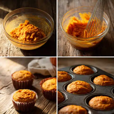 Step-by-step process of making 2-Ingredient Pumpkin Spice Muffins with cake mix and pumpkin puree