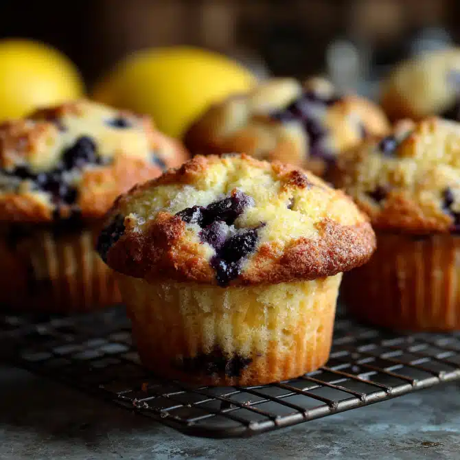 baked lemon-blueberry muffins in muffin tin one-bowl recipe