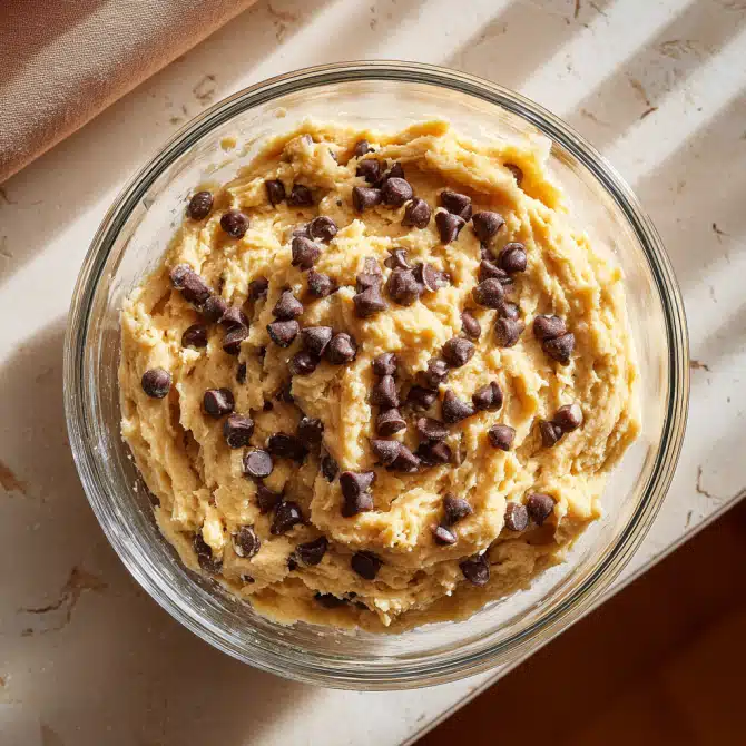 Smooth banana-chocolate chip cake batter in transparent bowl with chocolate chips