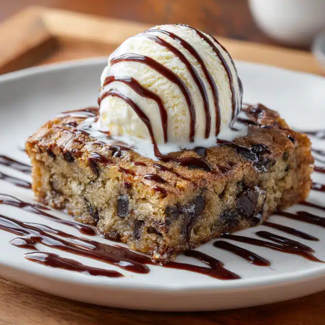 Banana-chocolate chip snack cake with ice cream and chocolate drizzle