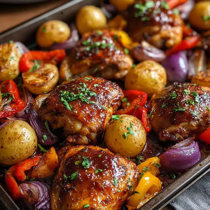 BBQ chicken with vegetables on a sheet pan – a hearty sheet pan comfort food recipe