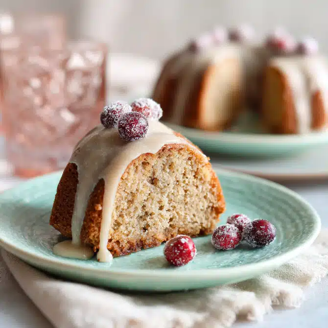 slice of one-bowl chai-spiced bundt cake with glaze and sugared cranberries