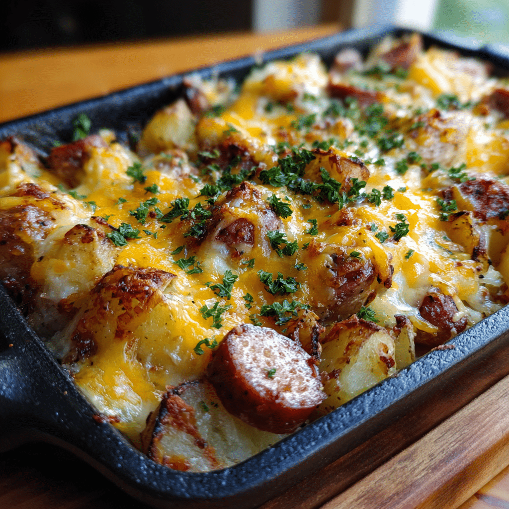 Cheesy Ranch Potatoes and Smoked Sausage: A Bold and Flavor-Packed Family Favorite 6 Creative variation of cheesy ranch potatoes and smoked sausage with golden roasted potatoes, sausage slices, and melted cheese in a skillet