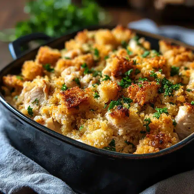 Creamy chicken casserole with crispy breadcrumb topping – a classic sheet pan comfort food recipe