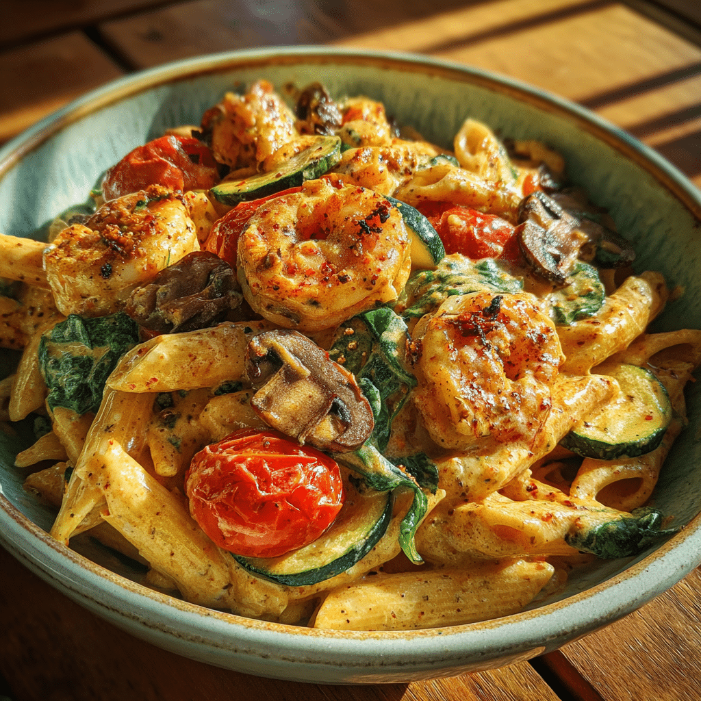 Dairy-Free Cajun Chicken Pasta: A Spicy, Creamy Delight Without the Dairy 6 Cooked dairy-free Cajun chicken pasta with shrimp, spinach, and vegetables