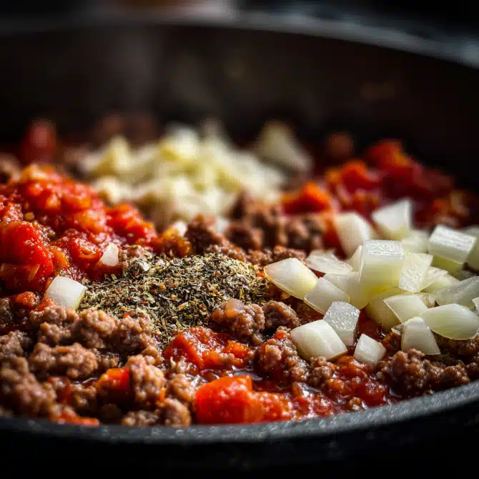 Ground beef and onions cooking for creamy tomato beef pasta