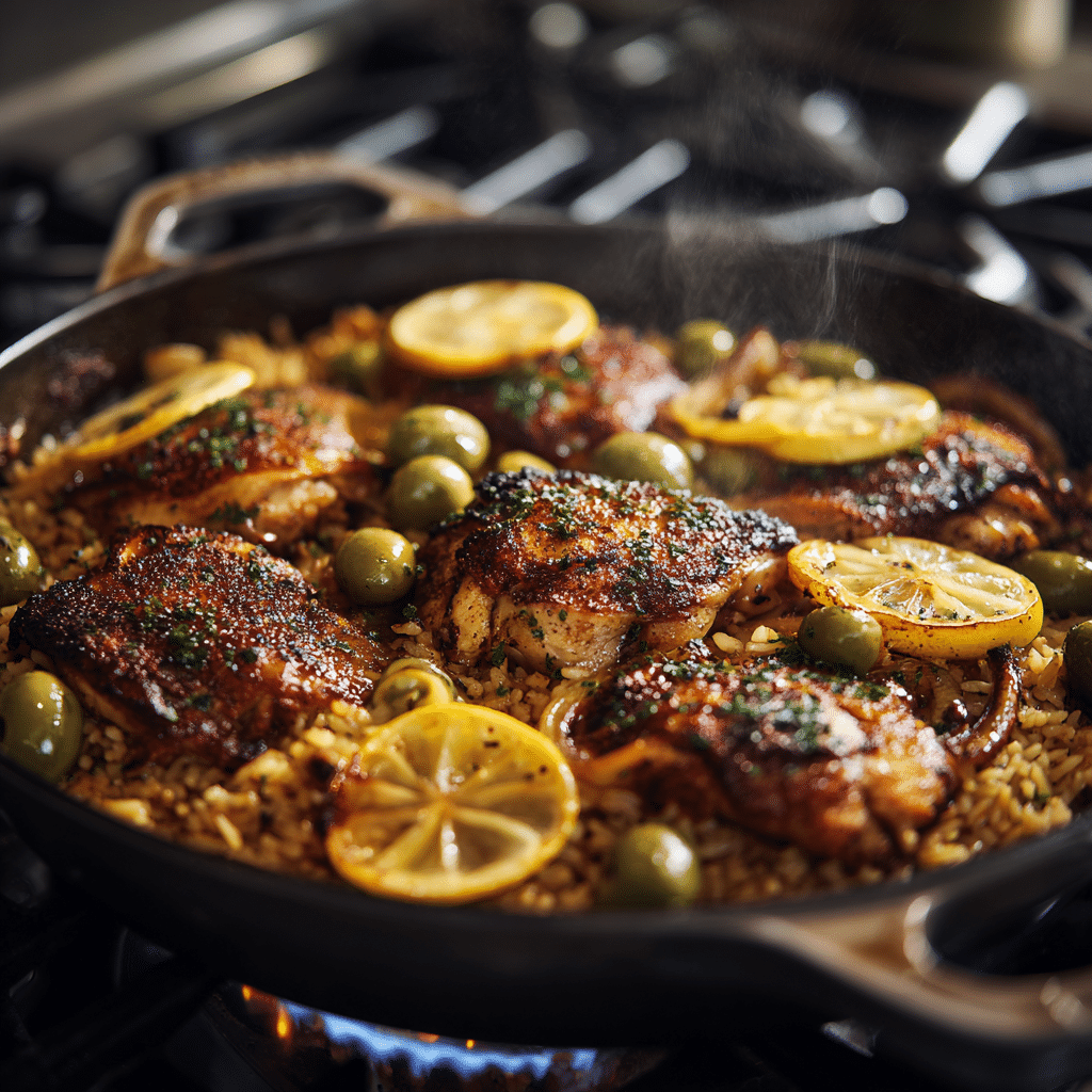 One-Pot Chicken Rice With Caramelized Lemon: A Flavorful and Comforting Dish 5 cooking one-pot chicken rice with caramelized lemon on stovetop