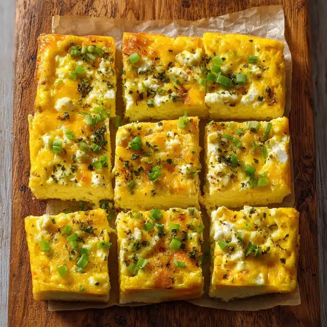 Cottage cheese egg bake cut into squares – a healthy sheet pan comfort food recipe