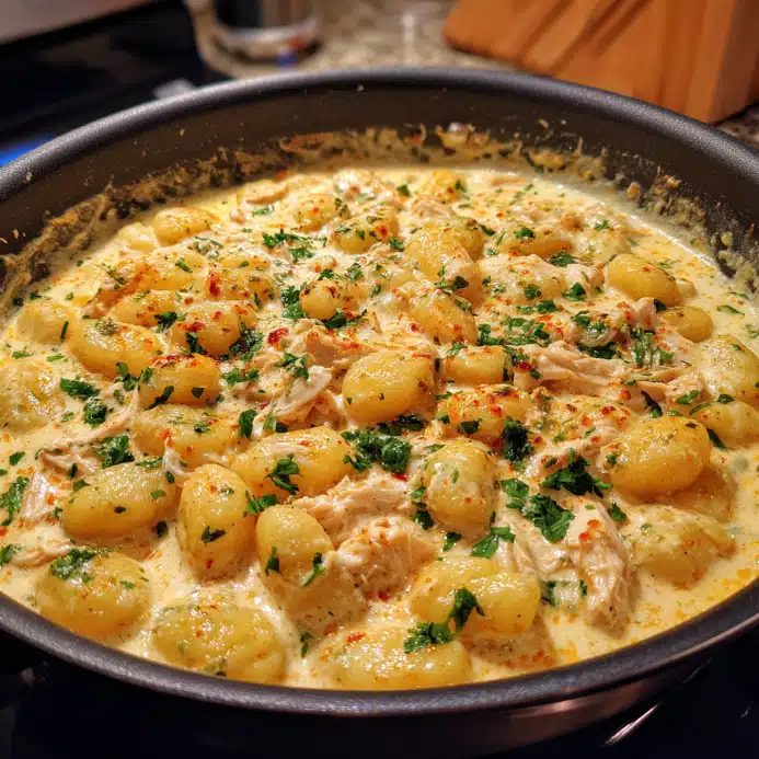 Creamy Crack Chicken Gnocchi: A Comfort Food Worth Craving 6 creamy crack chicken gnocchi cooking in skillet on stovetop