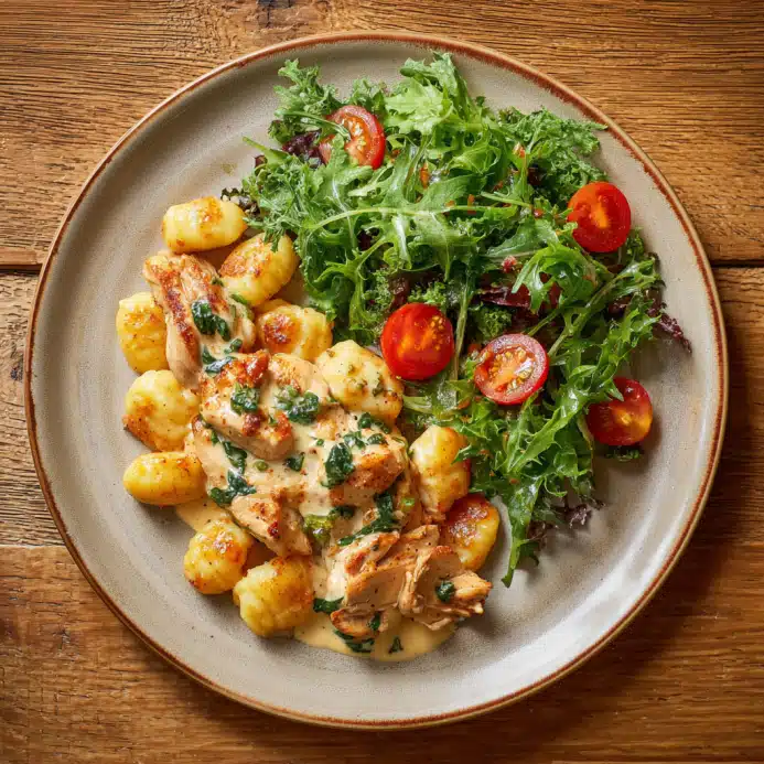 Creamy Crack Chicken Gnocchi: A Comfort Food Worth Craving 8 creamy crack chicken gnocchi with salad and bread