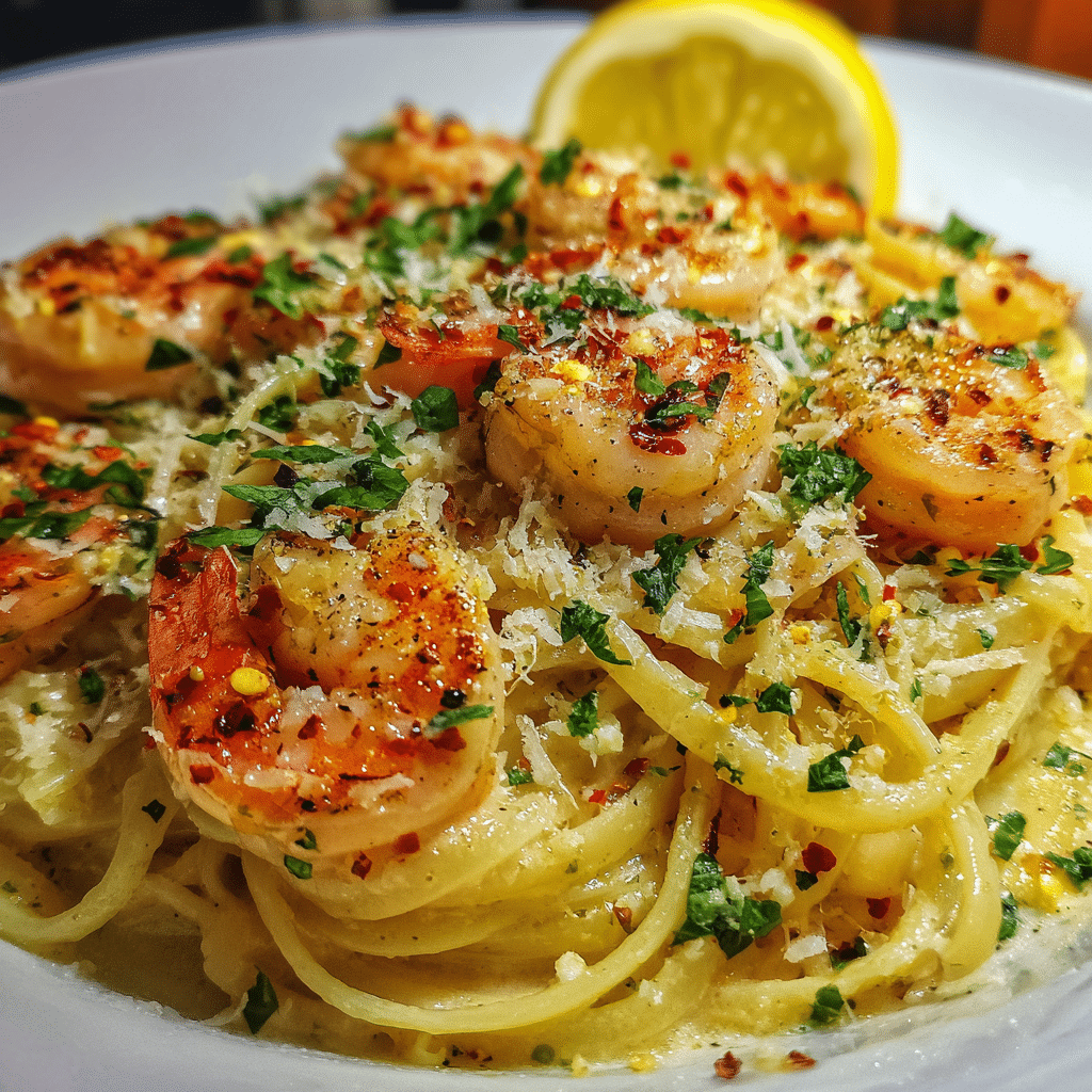 One Pot Lemon Garlic Shrimp Pasta – A Fast, Flavorful Dinner Everyone Will Love 5 One pot lemon garlic shrimp pasta served with lemon slice and fresh herbs