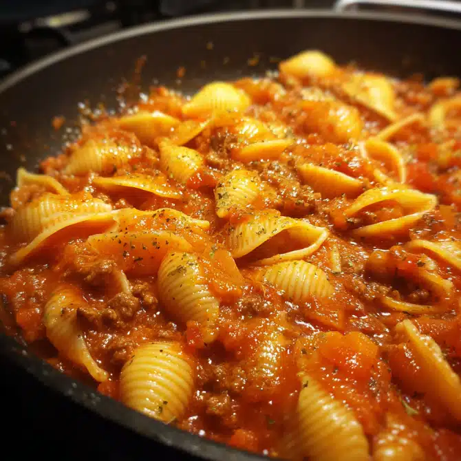creamy shells and beef dinner cooking in skillet