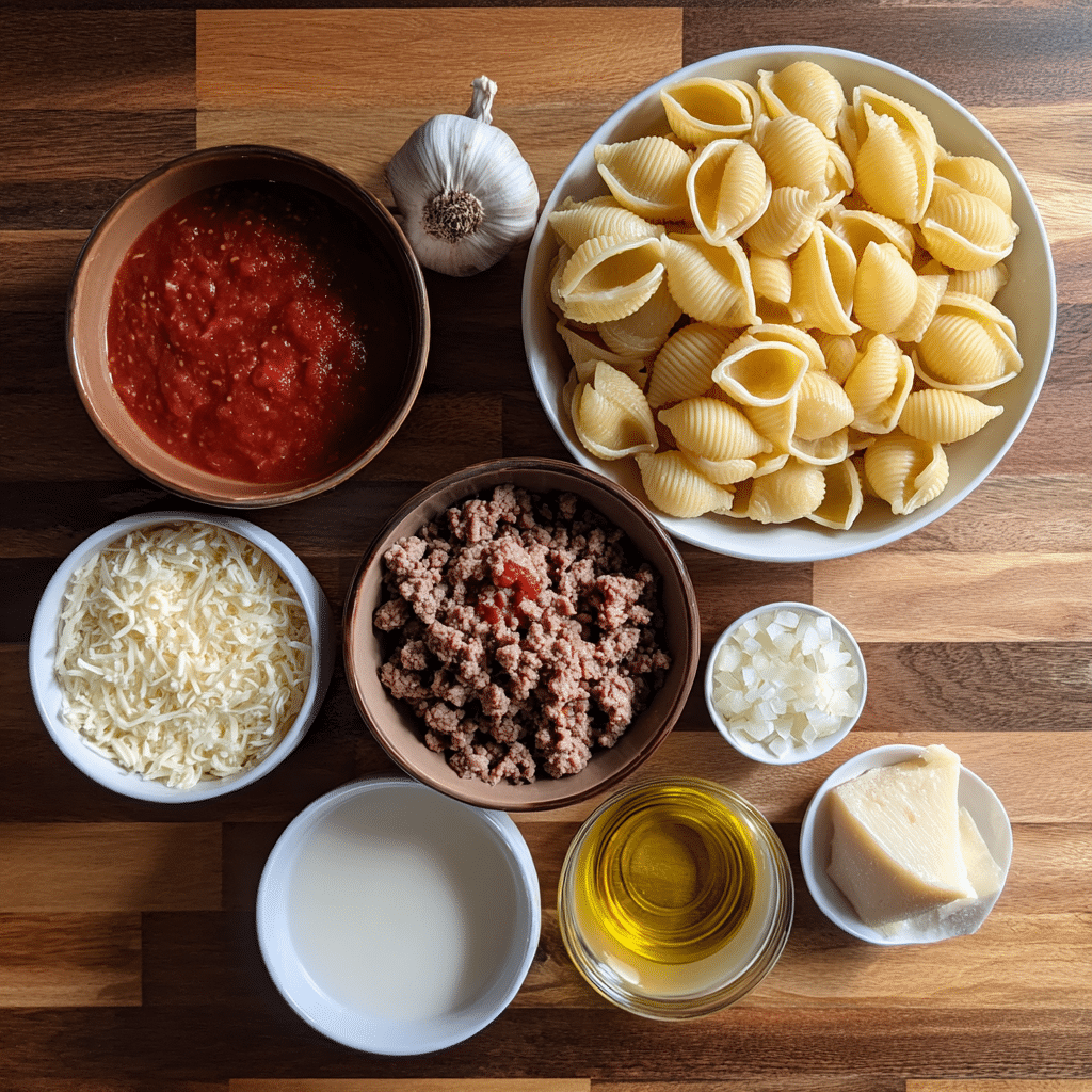 ingredients for creamy shells and beef dinner