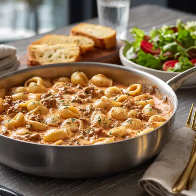 creamy shells and beef dinner with garlic bread and salad