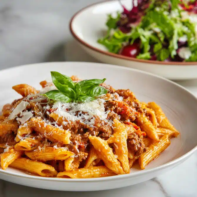 Creamy tomato beef pasta with Parmesan and basil garnish