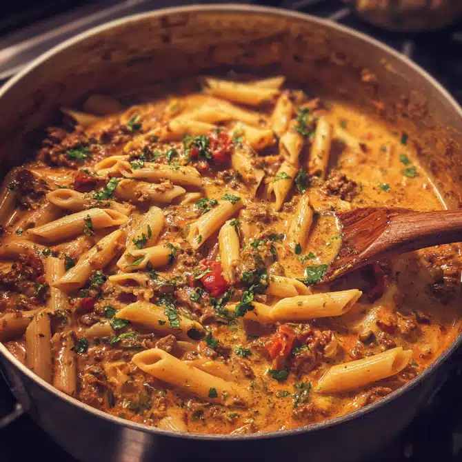One pot creamy tomato beef pasta simmering with sauce thickening