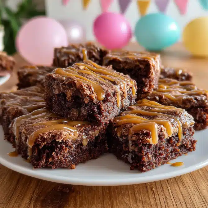 Dark chocolate banana bread brownies with caramel drizzle on birthday table