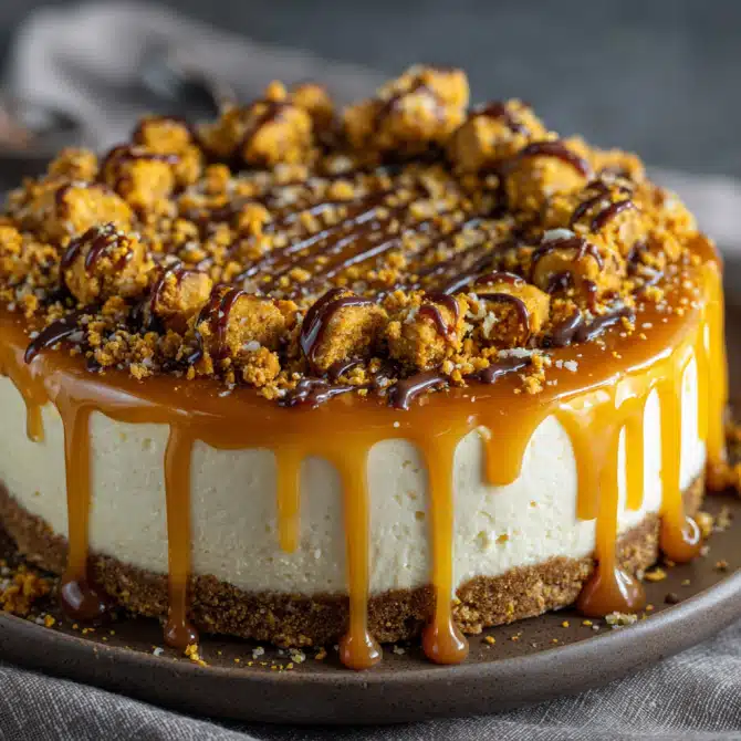 decorated one-pot lotus biscoff cheesecake with toppings