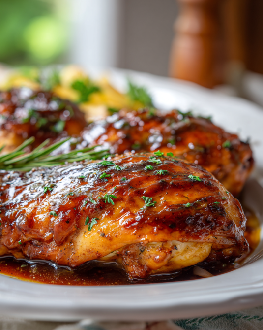 Easy BBQ chicken sheet pan dinner served on a white plate with herbs and sauce