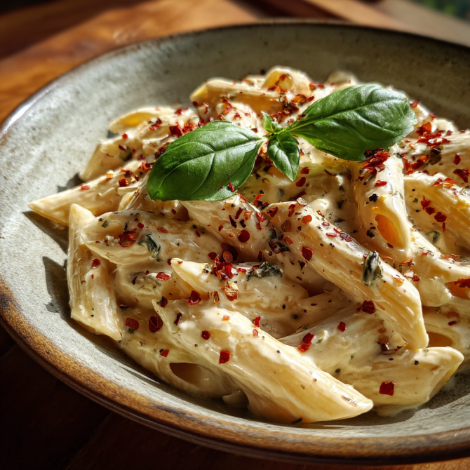 Easy one-pot Boursin pasta with creamy sauce and fresh basil