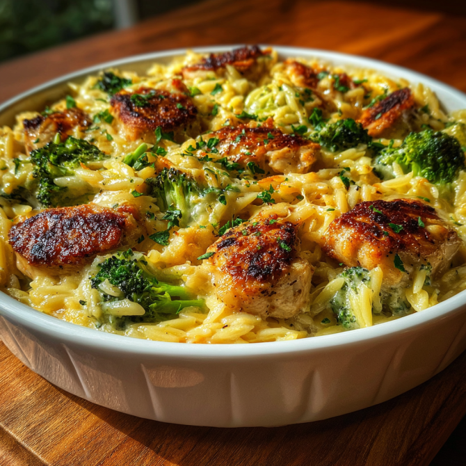 easy one pot cheesy chicken broccoli orzo