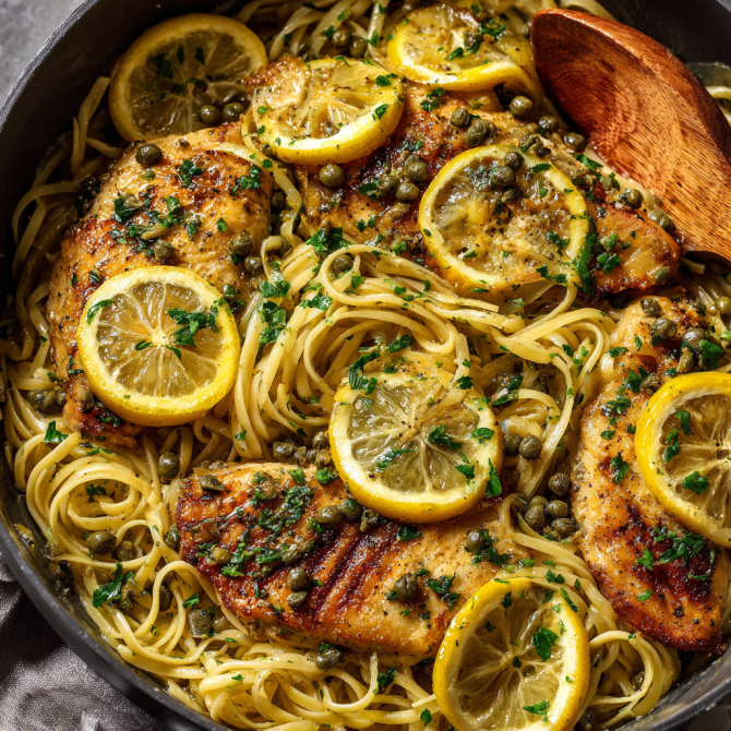 Easy one-pot chicken piccata pasta with lemon slices and capers