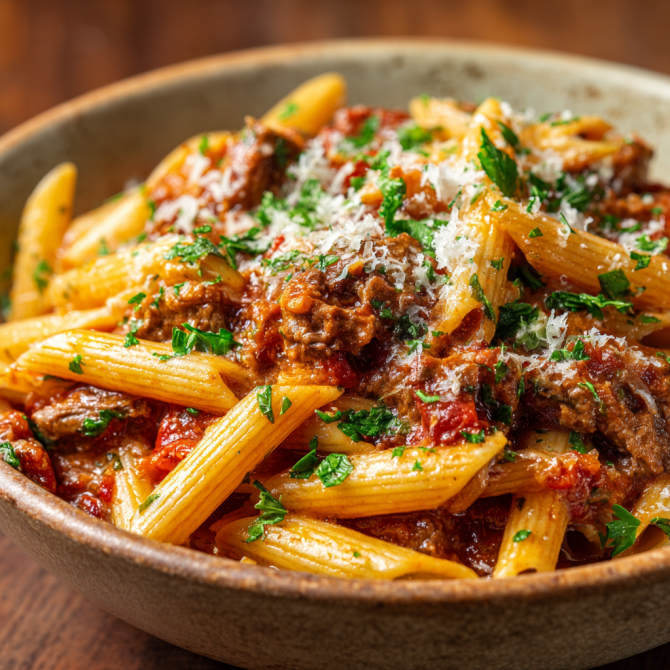 Easy one-pot creamy tomato beef pasta with penne and parsley