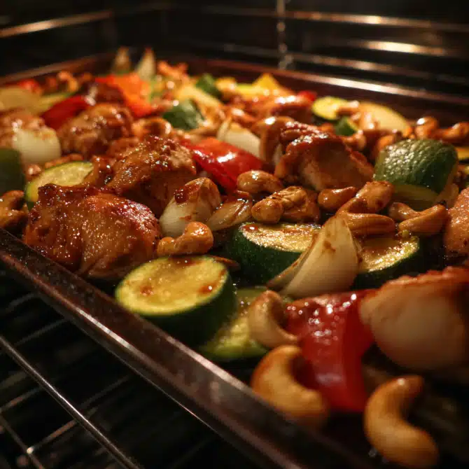 Easy Sheet Pan Cashew Chicken Delight – A Flavor-Packed One-Pan Dinner 7 Easy Sheet Pan Cashew Chicken Delight roasting in oven.