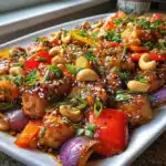 Easy Sheet Pan Cashew Chicken Delight – A Flavor-Packed One-Pan Dinner 6 Easy Sheet Pan Cashew Chicken Delight on platter with peppers and cashews.