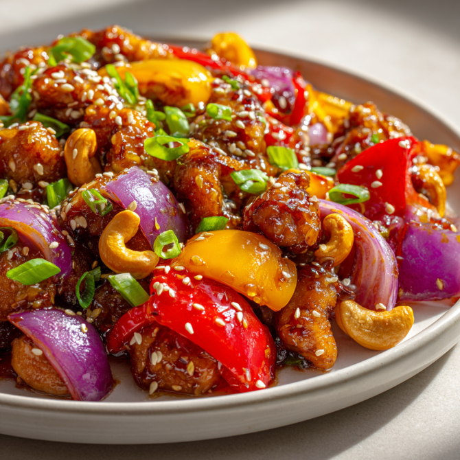 Easy sheet pan cashew chicken recipe with peppers, onions, and sesame seeds