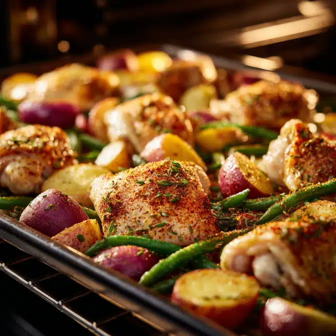 Easy Sheet Pan Chicken Thighs – The Perfect Weeknight Dinner Solution 6 Easy sheet pan chicken thighs with potatoes and green beans roasting in the oven with spices