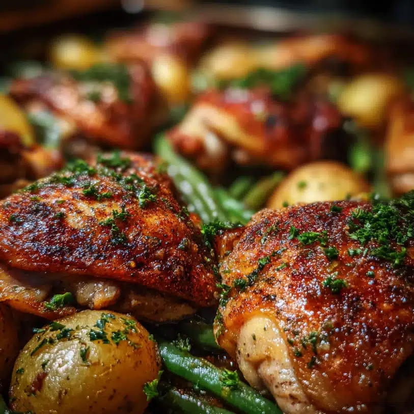 Easy sheet pan chicken thighs with roasted potatoes and green beans