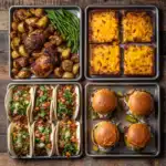 Four easy sheet pan meals in individual trays including grilled cheese, chicken, tacos, and sliders