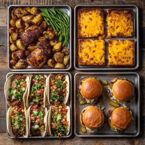 Four easy sheet pan meals in individual trays including grilled cheese, chicken, tacos, and sliders