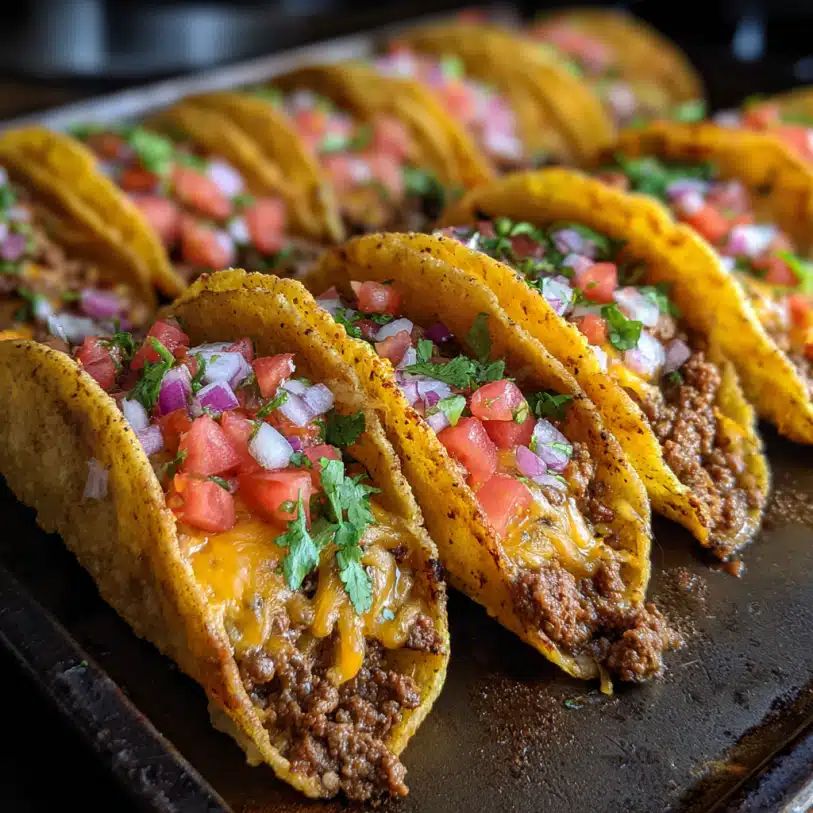 Easy sheet pan tacos with ground beef, melted cheese, and fresh toppings