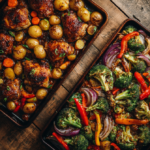 Sheet pan chicken recipes showcased in two casserole-style pans featuring roasted chicken thighs with potatoes and teriyaki chicken with colorful vegetables.