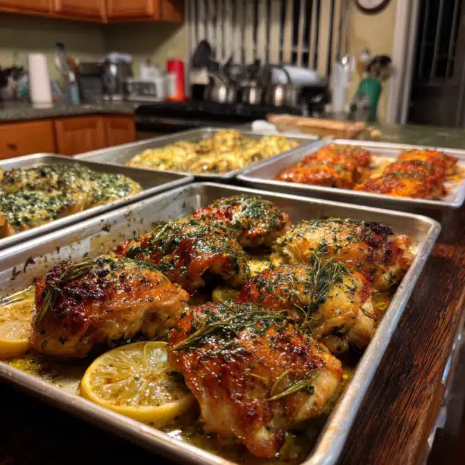 Easy Sheet Pan Chicken Thighs – The Perfect Weeknight Dinner Solution 7 Flavor variations of easy sheet pan chicken thighs on trays