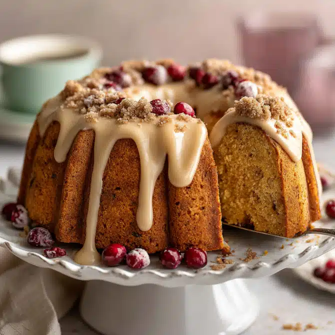 full chai-spiced bundt cake with glaze and sugared cranberries, slice being served