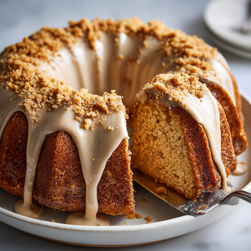 full chai-spiced bundt cake with glaze and sugared cranberries, slice being served