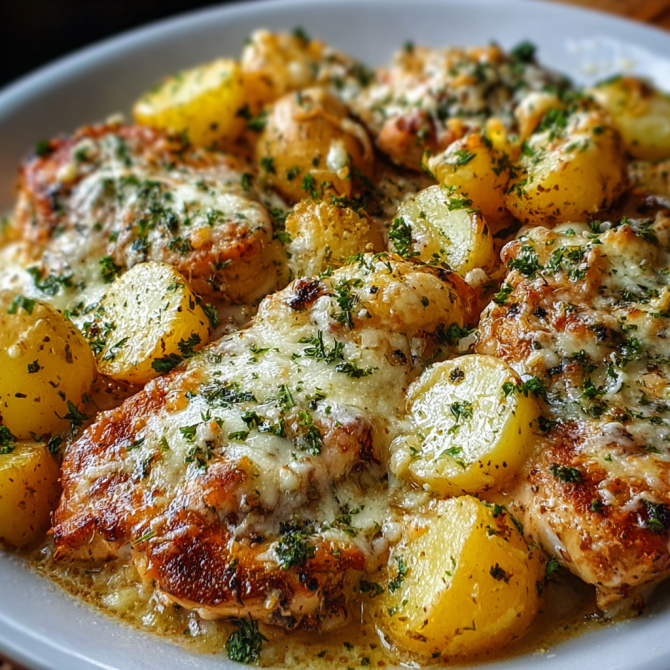 Garlic Parmesan sheet pan chicken recipe with roasted potatoes and melted cheese