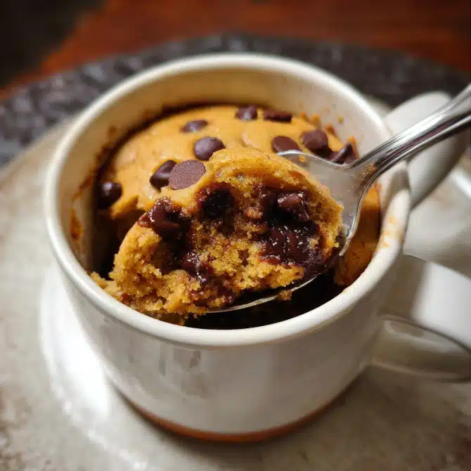 Gooey center of pumpkin chocolate chip mug cake