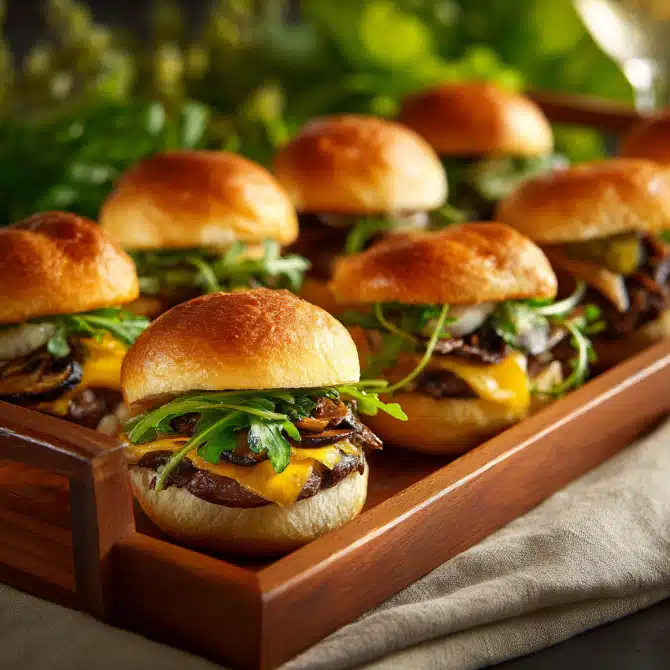 Gourmet sheet pan burger sliders with melted cheese, mushrooms, greens, and caramelized onions