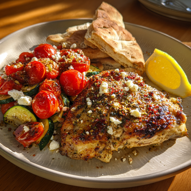 Greek sheet pan chicken recipe with roasted tomatoes, zucchini, feta, and lemon wedges