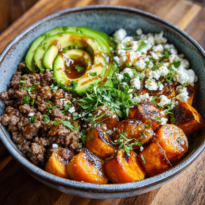 Ground beef hot honey bowl with avocado, roasted sweet potatoes, and feta
