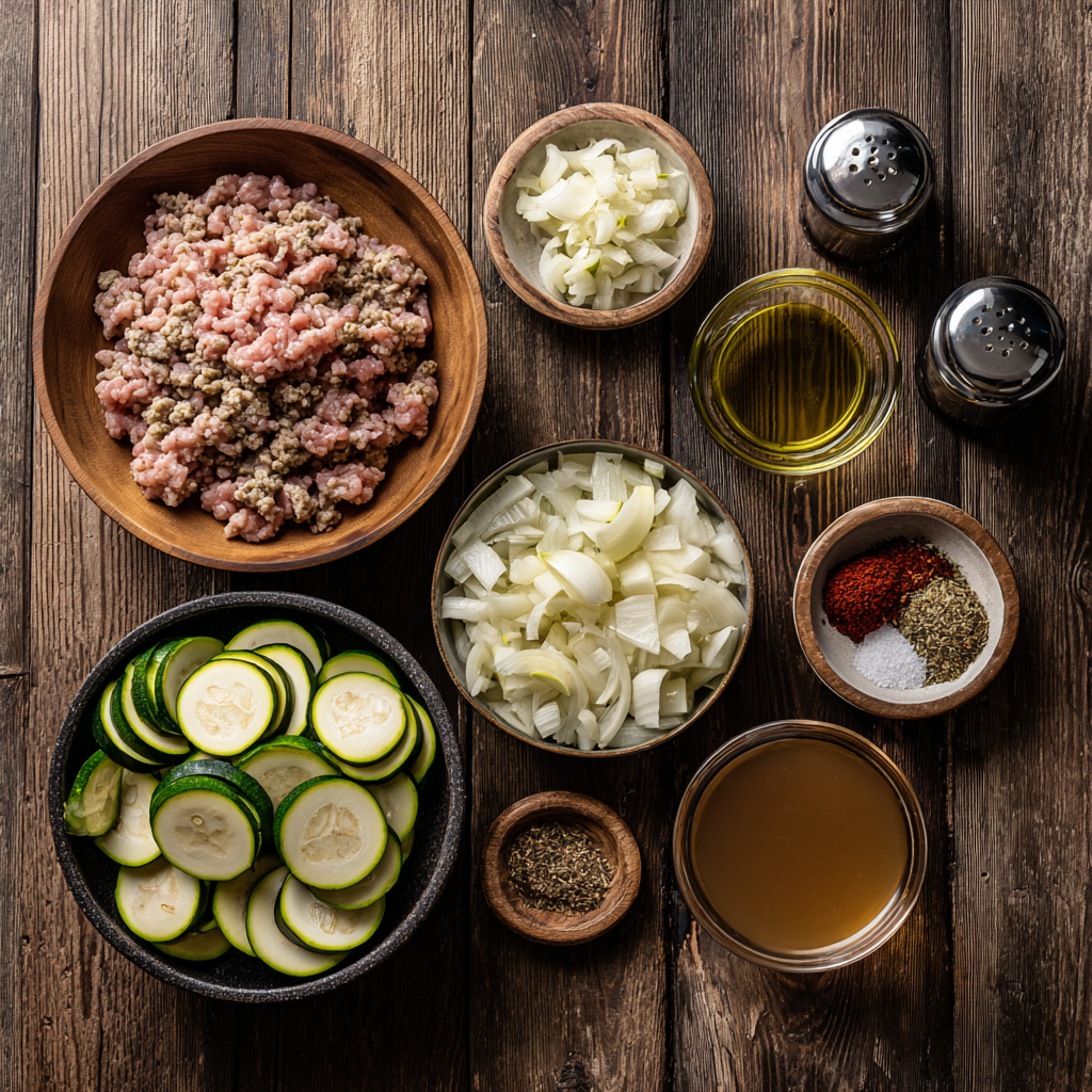Ingredients for ground turkey zucchini skillet arranged on a rustic wooden surface